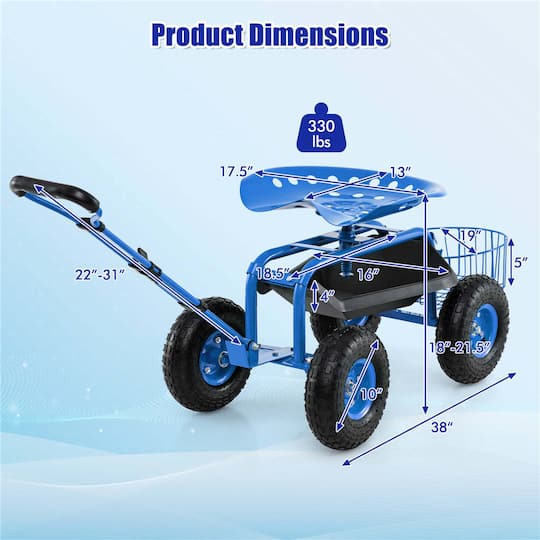Costway Garden Cart Patio Wagon Roll Work Seat with Tray Basket Extendable Handle